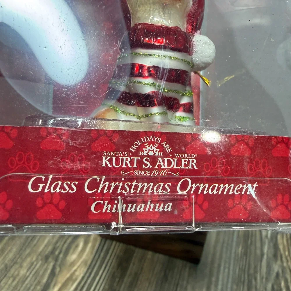 Kurt S Adler Glass Chihuahua Christmas Ornament Red Striped Sweater Santa Hat